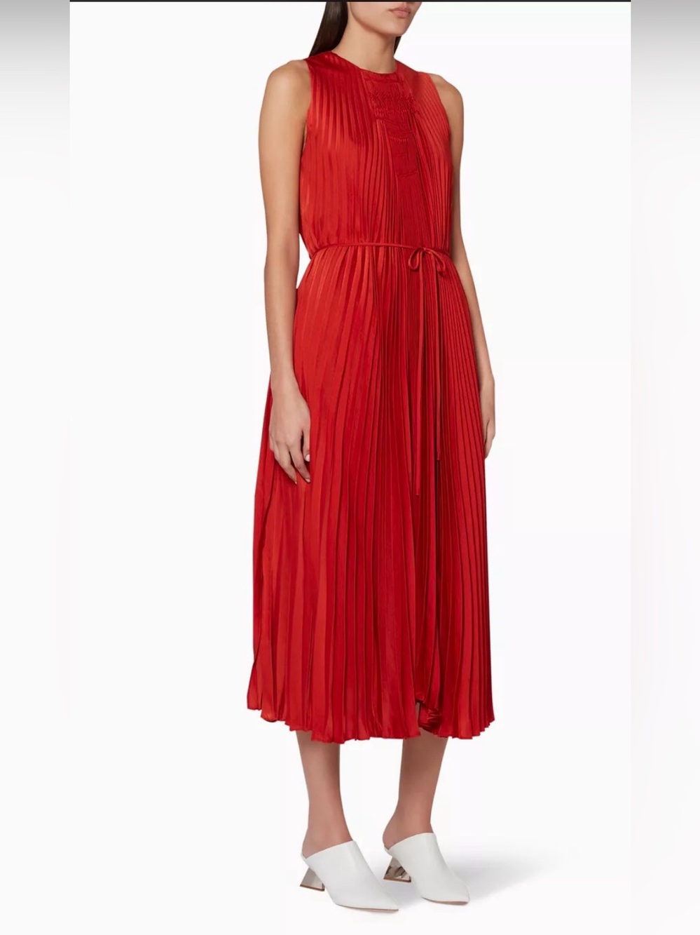 Vince Red Sleeveless Pleated Midi Dress with Self-Tie Waist